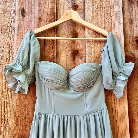 Sage Chiffon Bustier Off-the-Shoulder Ruffle Maxi Dress 🌿 - Picture 4 of 12